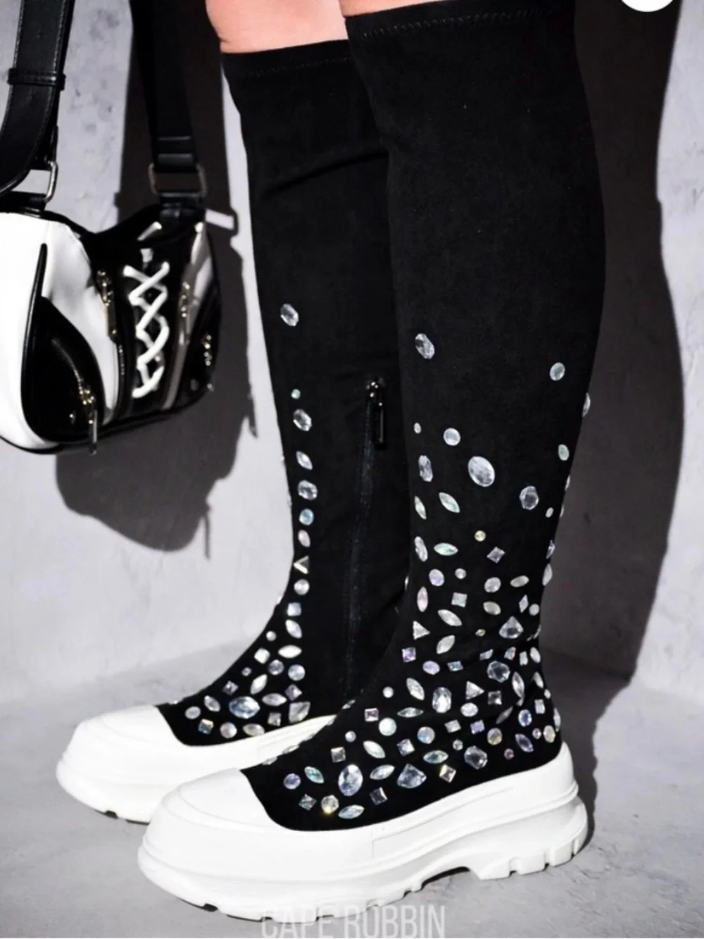 Cape Robbin Black Knee-High Platform Boots with White Soles and Silver Studs